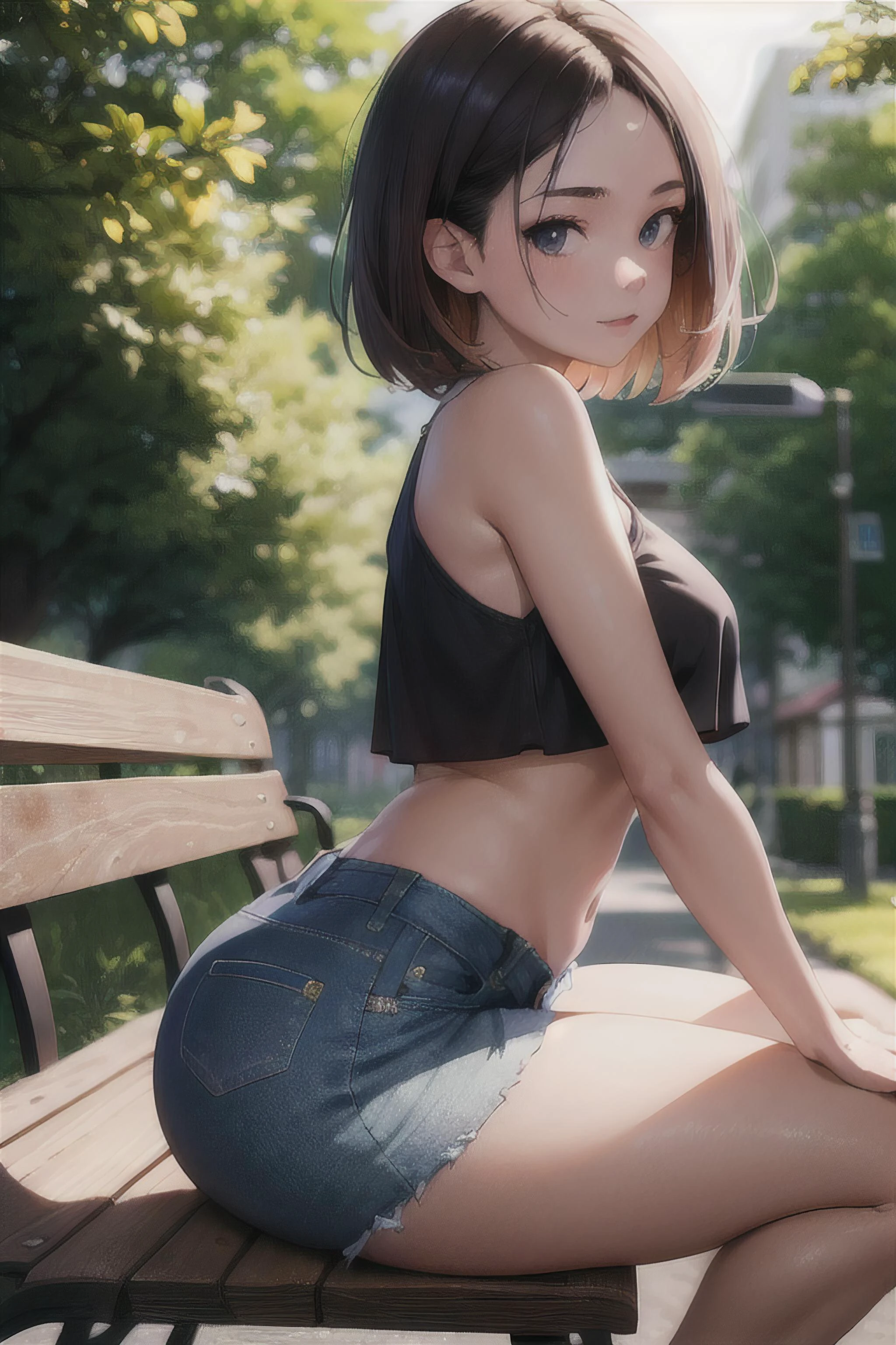 masterpiece, best quality, perfect lighting, absurdres, 1girl, outdoors, sitting, bench, from side, looking at viewer, detailed face, medium breasts, ass, thick thighs, shorts, jean shorts, crop top, shiny skin