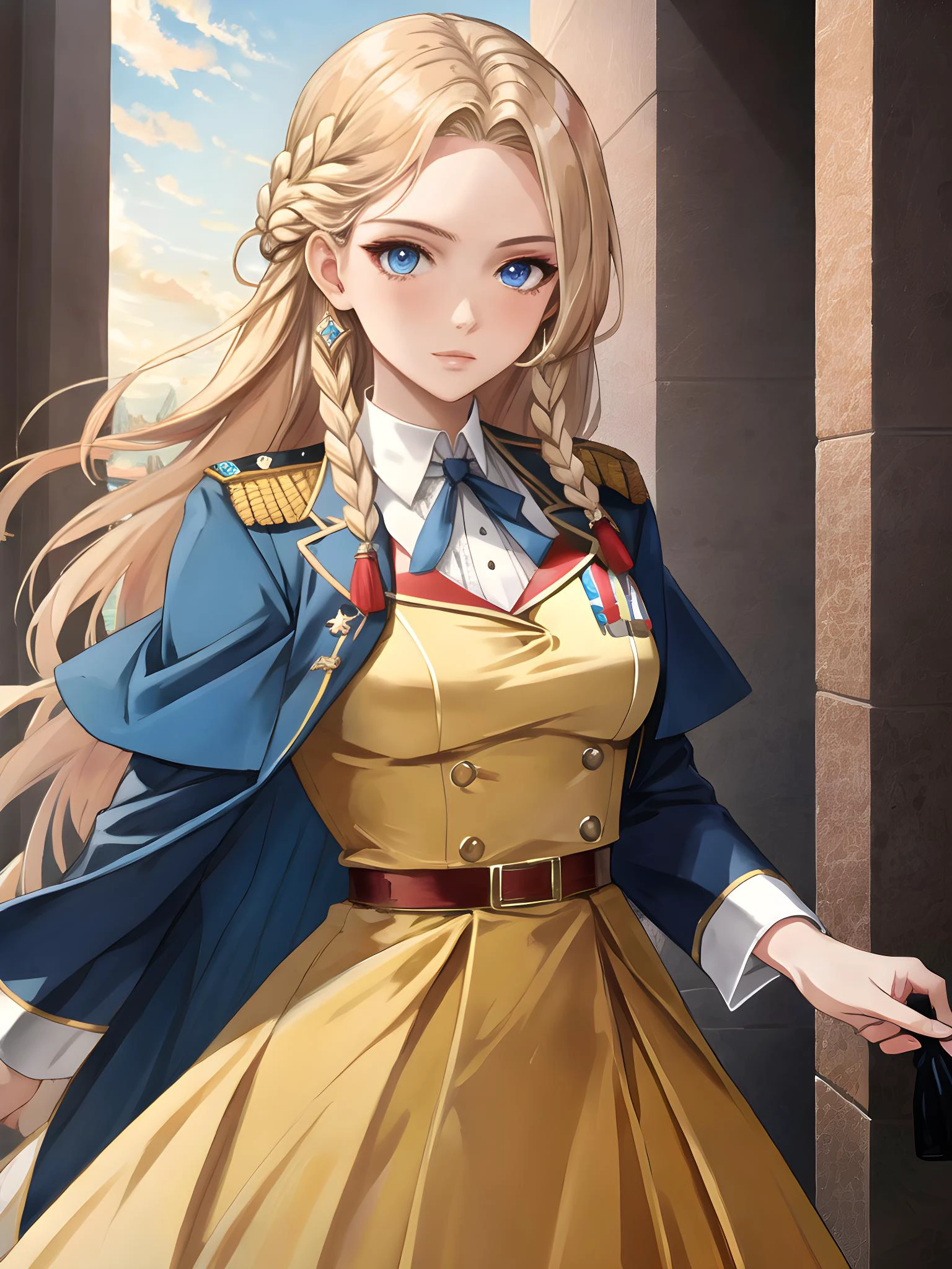 Heidi Velochek (female, teen, long braided blonde hair, blue eyes, Russian, small bust) formal military dress, (MasterPiece) (Highly Detailed) (8k), (Dynamic Lighting)