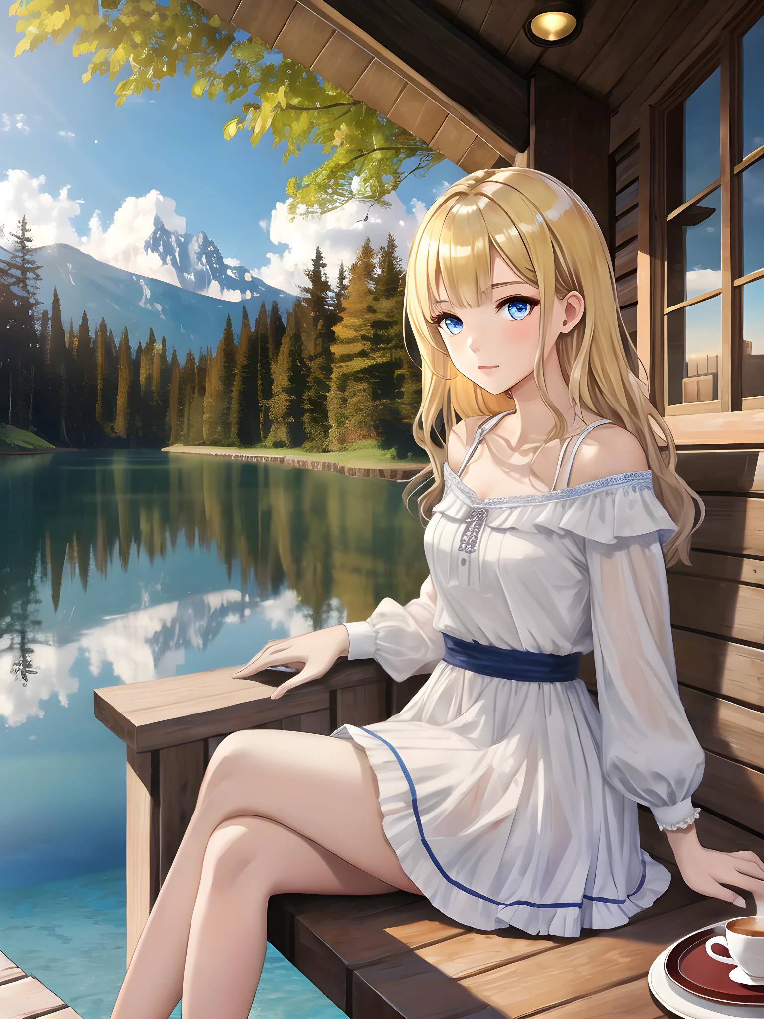 Elisa Swift (petite young woman, ice blue eyes, blonde hair, short, small breasts) blue and white frilly dress, sitting by a lake with a cup of tea, (MasterPiece) (Highly Detailed) (8k), (Dynamic Lighting)