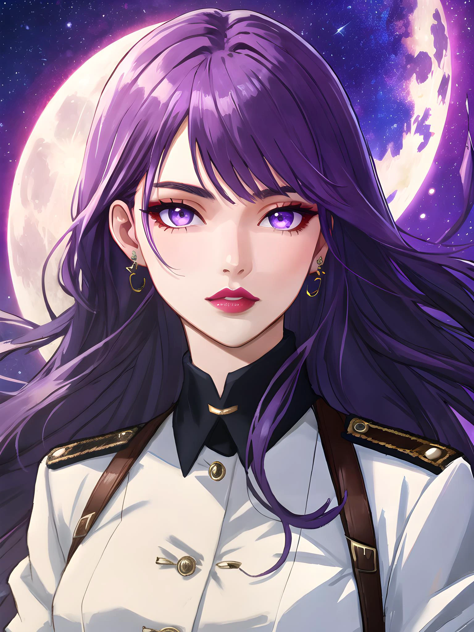 Iris Lune (grande femme, yeux violet clair, Cheveux violets longs et fluides, lèvres violettes, Buste moyen) porter un uniforme, (chef-d&#39;œuvre) (très détaillé) (8k), (éclairage dynamique)