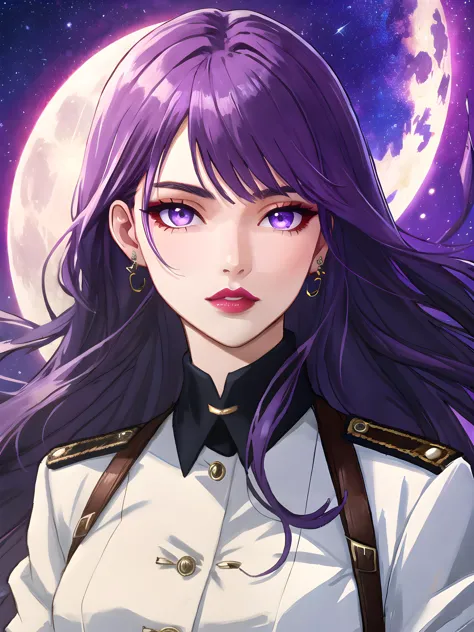 Iris Luna (Tall woman, light purple eyes, Long flowing Vibrant Purple Hair, Violet Lips, medium bust) wearing a dress uniform, (...