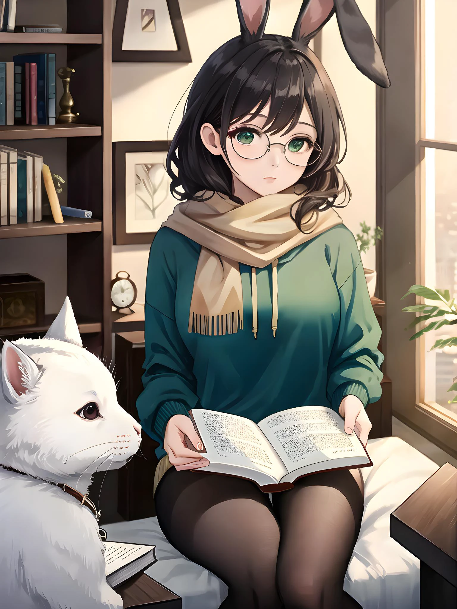 Anna (Großes Anthro-Kaninchen, weiß pelzig, schüchtern), bekleidet mit einem übergroßen grünen Kapuzenpullover, Schwarze Strumpfhose, brauner Schal, ovale Brille mit schwarzem Rand, ein Buch lesen, (Meisterwerk) (sehr detailliert) (8k), (dynamische Beleuchtung)