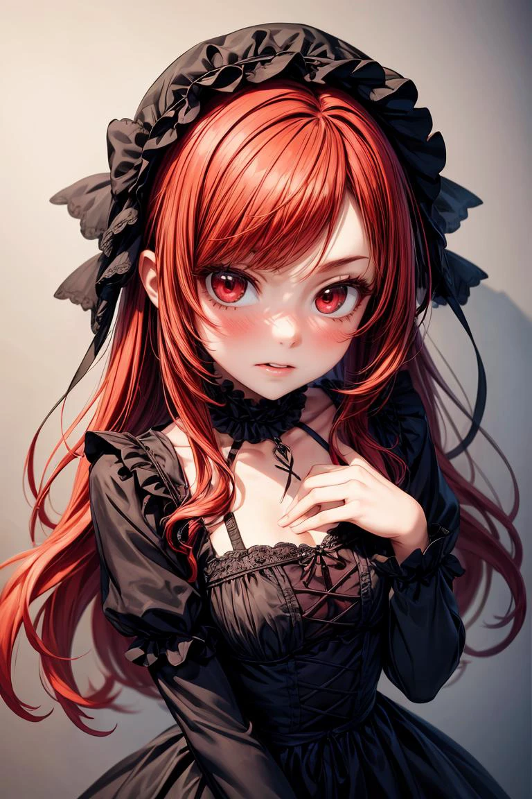 (Meisterwerk, beste Qualität), 1 Mädchen, Rote Haare, mittlere Brust, Gothic-Kleid mit Rüschen, pervert face, 