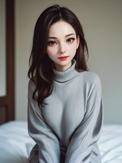 a woman sitting on a bed wearing a gray sweater