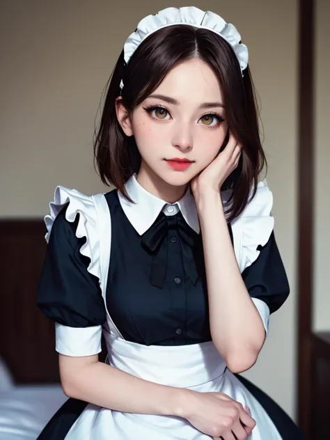 score_9, score_8_up,score_7_up,1girl, <lora:Korean_mix_style:0.8>,brown hair,maid cosplay,hand on face, upper body, maid costume,