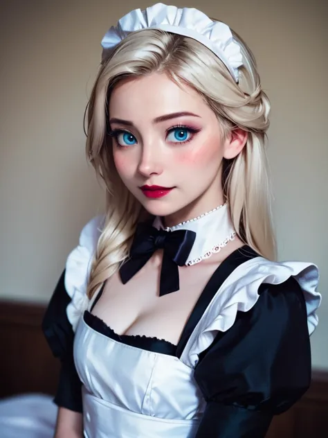 a close up of a woman in a maid outfit posing for a picture