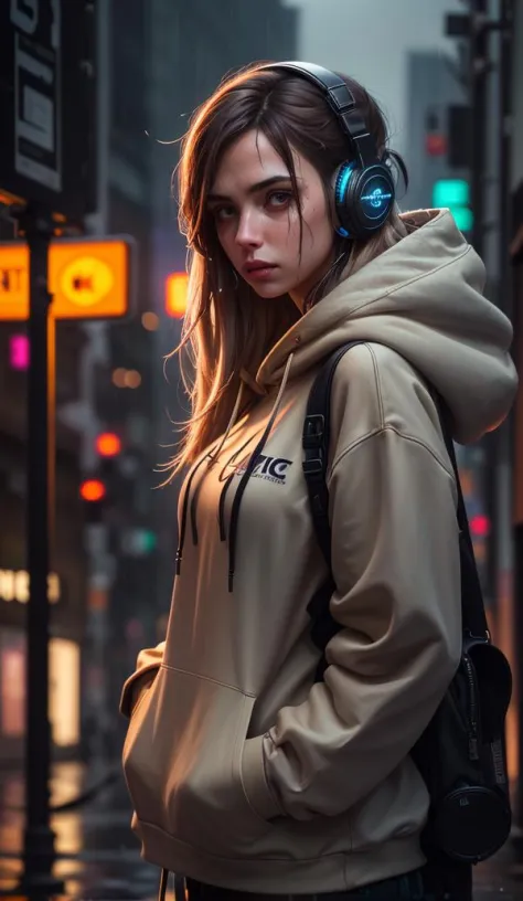 (dark shot:1.1), epic realistic, masterpiece, girl alone, solo, incredibly absurd, hoodie, headphones, street, outdoor, rain, ne...