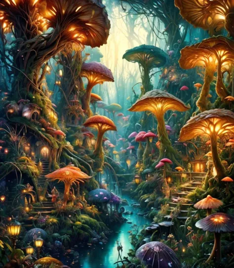 a painting of a forest with mushrooms and a stream