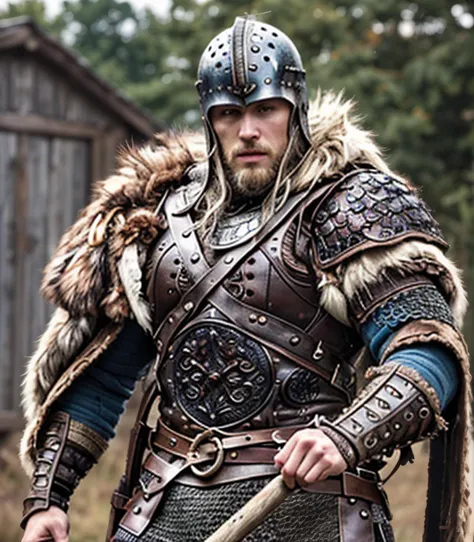 (masterpiece:1.2), (best quality,:1.2), 8k, HDR, ultra detailed, ((photorealistic)), perfect anatomy, professional light, cinematic lighting, fashion photography, ambient lighting,<lora:detail_slider_v4:2.5>, a viking warrior, wearing intricate viking armor, leather armor, chainmail, fur, helmet, VikAr, holding an axe, intricate leather bracers, <lora:VikingArmor:0.6>, epiCPhoto