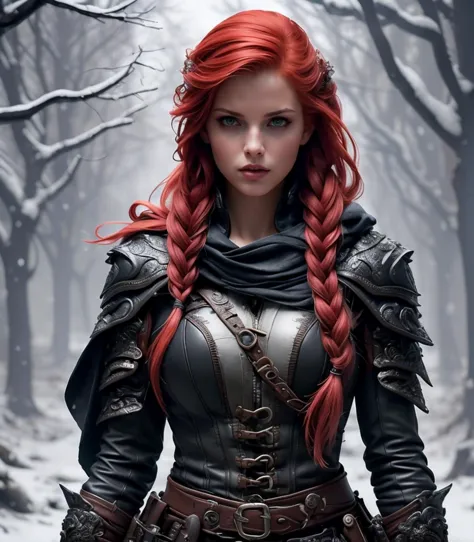 a woman with red hair and armor standing in a snowy forest