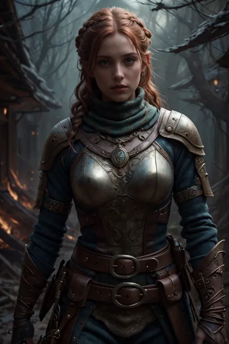 a woman in armor standing in a forest with a sword