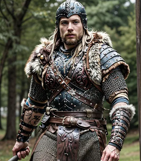 (masterpiece:1.2), (best quality,:1.2), 8k, HDR, ultra detailed, ((photorealistic)), perfect anatomy, professional light, cinematic lighting, fashion photography, ambient lighting,<lora:detail_slider_v4:2.5>, a viking warrior, wearing intricate viking armor, leather armor, chainmail, fur, helmet, VikAr, holding an axe, intricate leather bracers, <lora:VikingArmor:0.6>, epiCPhoto