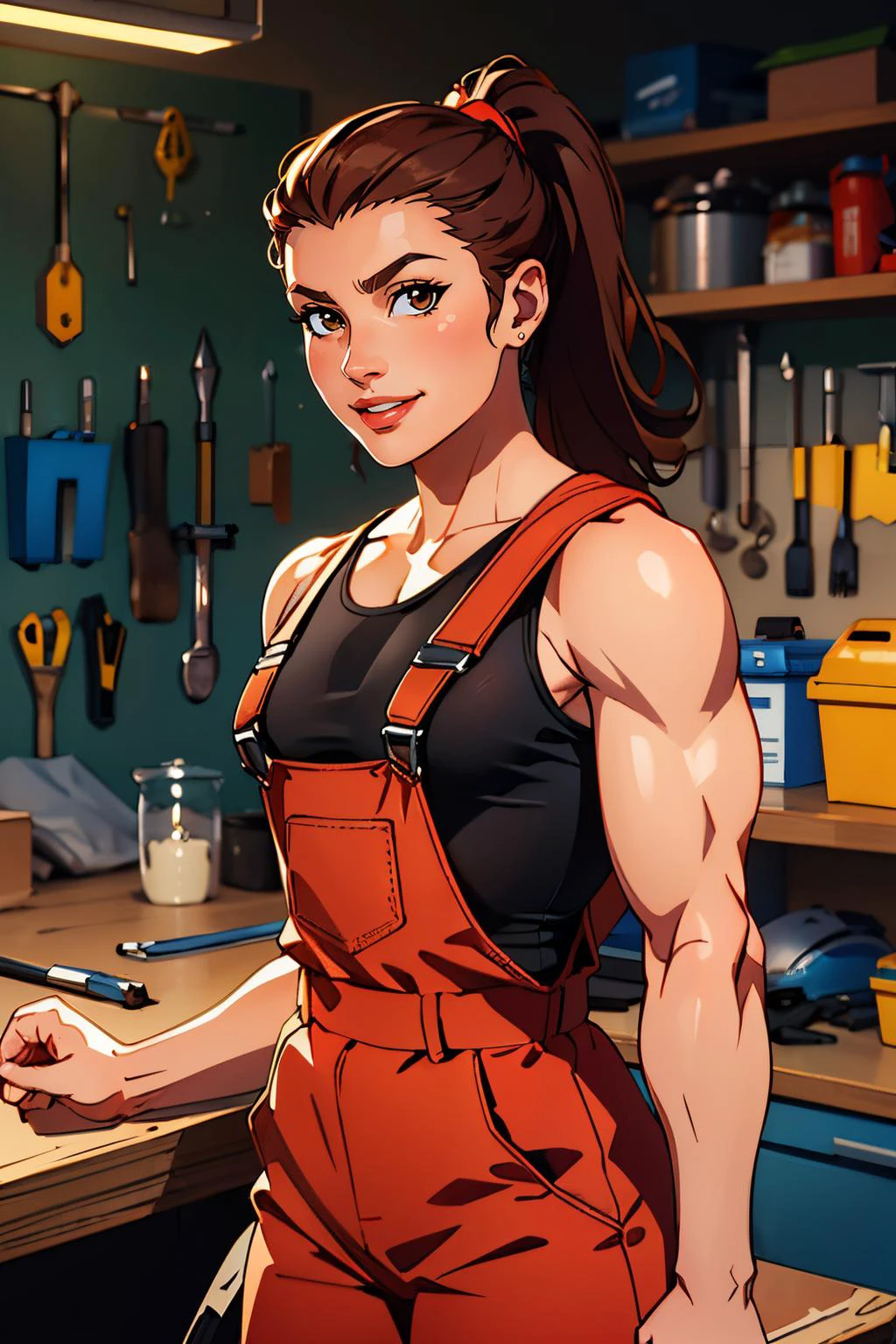 brig, brown hair, ponytail, sidelocks, brown eyes, black tank top, toned, red overalls, looking at viewer, serious, smiling, standing, upper body shot, inside garage, workbench, high quality, masterpiece, 