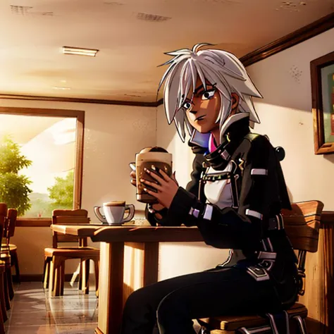 anime character sitting at a table with a cup of coffee