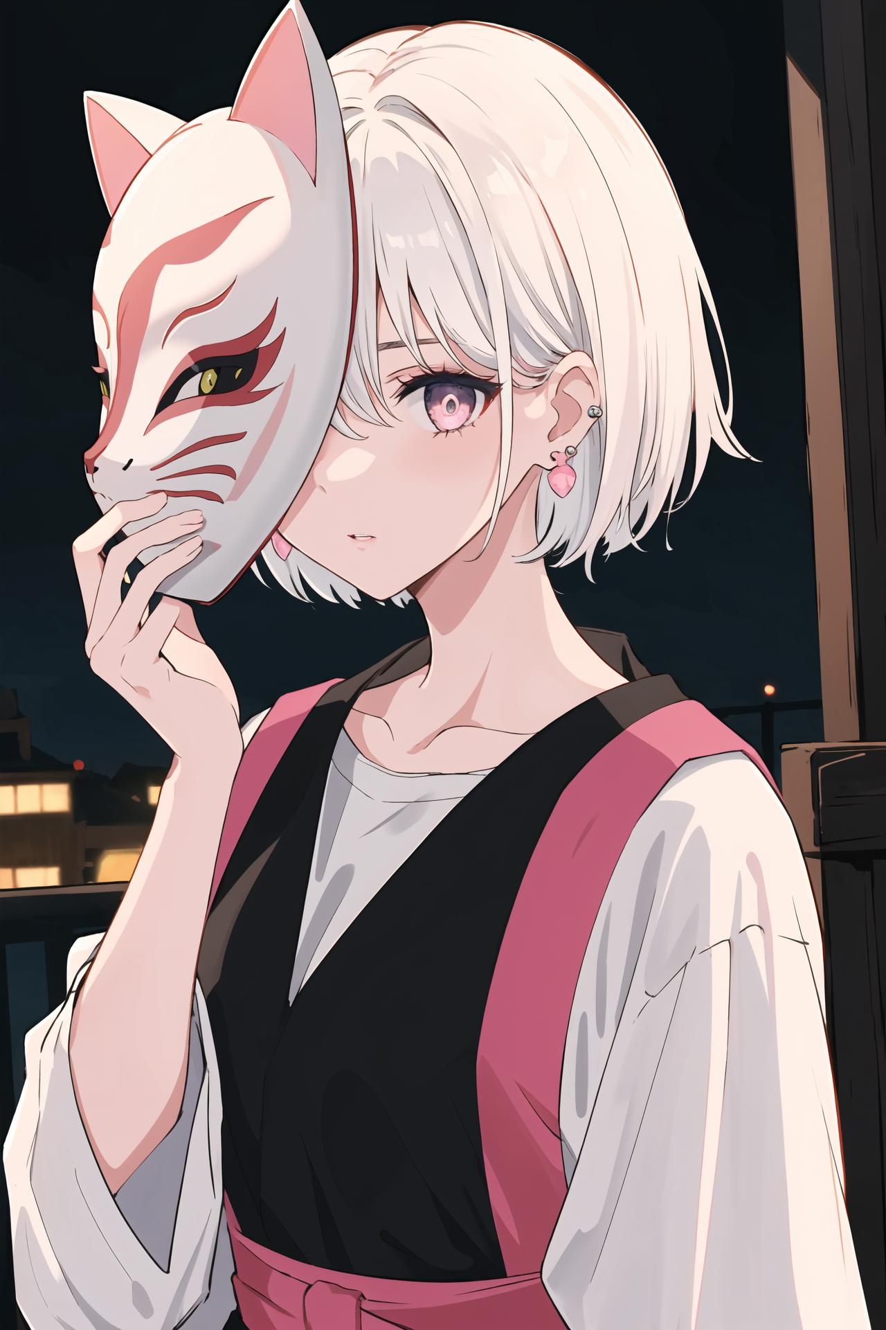 Anime girl with white hair and a cat mask on her face - SeaArt AI