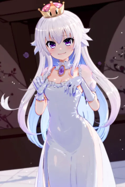 ((obra de arte,melhor qualidade)), , Boosette_Mário, 1 garota, cabelo longo, cabelo branco, vestido branco longo, vestido de baile, luvas brancas,  Sozinho, sorridente, rubor, Olhando para o visualizador, tiro de vaqueiro,  composição cinematográfica,