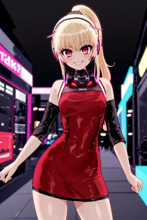 <lora:Mantis_Style:0.8>,
((masterpiece,best quality)),
blonde ponytail, red dress, red eyes, 
cyberpunk, neon lights, led headphones,
solo, smiling, looking at viewer, cowboy shot,  cinematic composition, contrapposto,