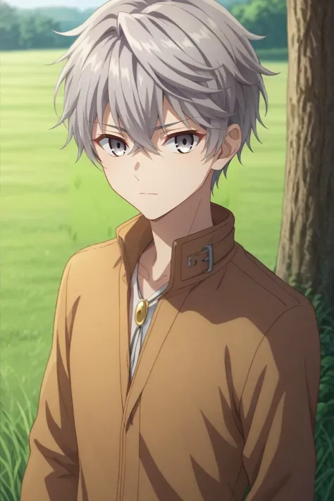 score_9, score_8_up, score_7_up, source_anime, rating_safe, intricate details, , looking at viewer, , 1boy, solo, male focus, <lora:lugh_tuatha_de_pony:0.88>, lugh_tuatha_de, grey hair, grey eyes, short hair, hair between eyes, bangs, asymmetrical, grass, tree, day, v, peace sign, sad, , <lora:sdxl_lightning_8step_lora:1>