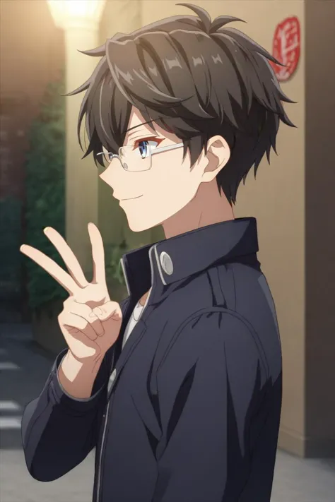 a man with glasses and a black jacket is making a peace sign