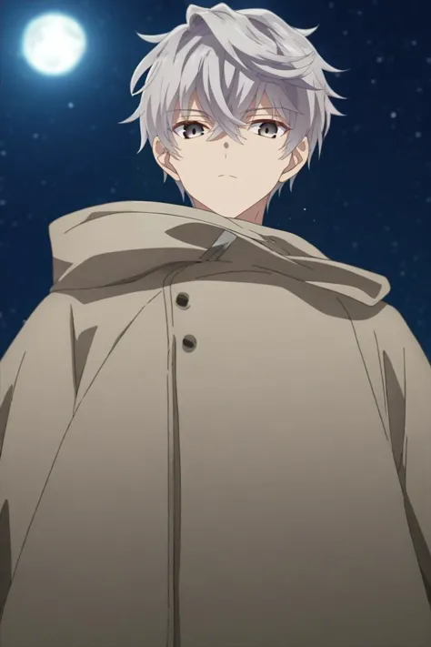 score_9, score_8_up, score_7_up, source_anime, rating_safe, intricate details, , looking at viewer, , 1boy, solo, male focus, <lora:lugh_tuatha_de_pony:1>, lugh_tuatha_de, grey hair, grey eyes, short hair, hair between eyes, bangs, from below, hospital, night, full moon, looking back, expressionless, scarecrow costume, <lora:sdxl_lightning_8step_lora:1>