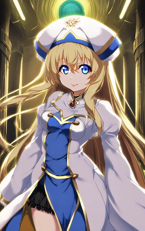 1girl,  <lora:sdxl-gs-priestess:1> sdxl-gs-priestess, blonde hair, very long hair, sidelock, bang hair, between eyes, blue eyes, eyelashes, medium breasts, thigh skindantation +++ ;p  +++ black underwear, white headwear, white long robe center blue mluticolor ware puffy sleeves long sleeves hime-sode frills, jewel, white thigh boots, holding staff, Subterranean Temple, Fluorescent Light, extremely quality extremely detailed, illustration, cute anime face