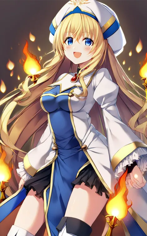 a woman in a sailor outfit holding a sword and fire