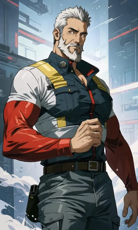 digital illustration of a stunning mature male firefighter with a futuristic twist,muscular, short beard,by hayao miyasaki, with...