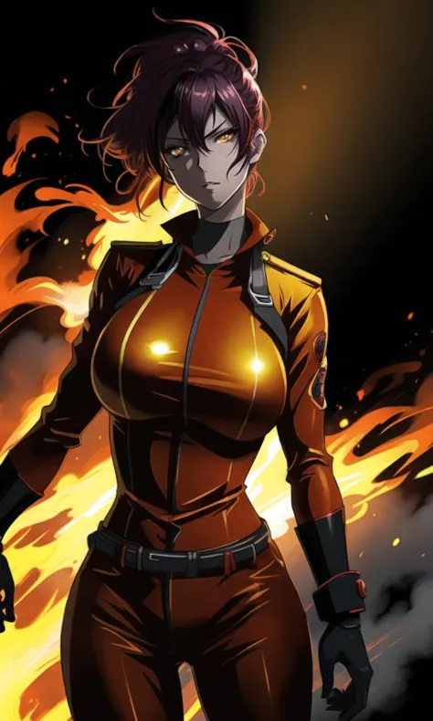 concept art of a sexy firefighter woman,anime style,by ôkubo atsushi,dark and moody background with glowing flames,sharp focus,h...