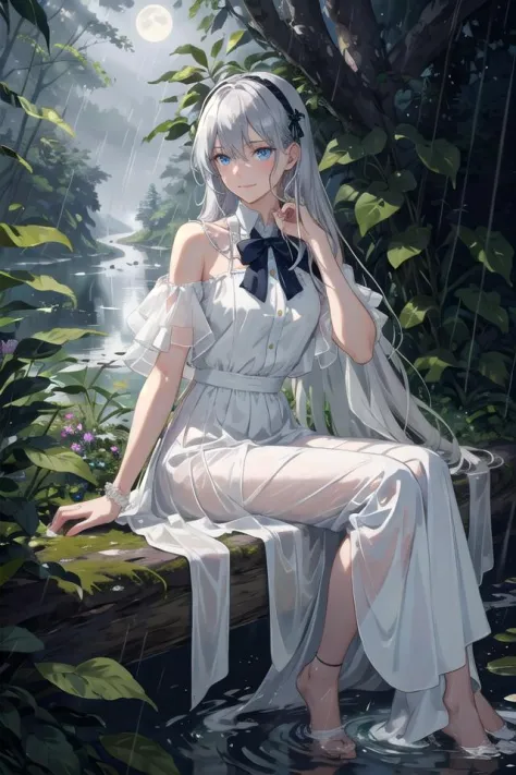 (masterpiece, best quality),1girl with long white hair sitting in a forest of plants and flowers,her hand under her chin,the sil...