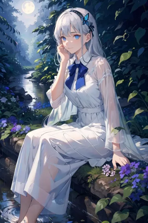 (masterpiece, best quality),1girl with long white hair sitting in a forest of plants and flowers,her hand under her chin,the sil...