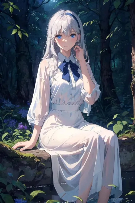 (masterpiece, best quality),1girl with long white hair sitting in a forest of plants and flowers,her hand under her chin,the sil...