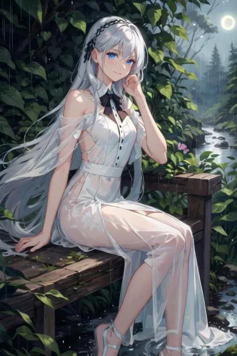 (masterpiece, best quality),1girl with long white hair sitting in a forest of plants and flowers,her hand under her chin,the sil...