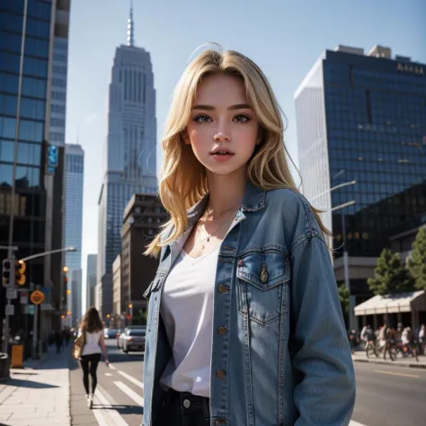 dramatic lighting, girl, beautiful, pretty, best render, realistic, teenage, blonde, posing, great body, upper body portrait, sfw, clothes, regularly dressed, jacket, t shirt, ((cityscape)), ((modern))