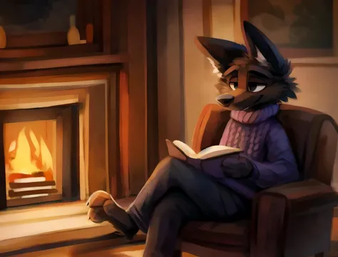 furry, SFW, Black dog, sitting on a chair, reading a book, wearing a purple sweater and black pants, fireplace, cozy, warm tones,  <lora:Jacato:0.8> jacota , by jacato, art by jacato,