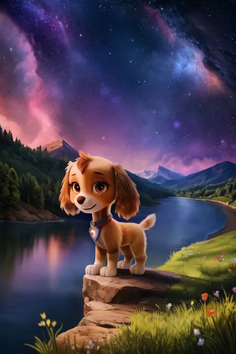 paw patrol, skye, cockapoo, female, feral, ((solo)), standing, by crumbles, (looking at viewer), ((focus on character)), nebula, stars, universe, ((cosmos)), anatomically correct, focus on character, view of the forests mountains, river, grass, best landscape, detailed, detailed background, best quality, masterpiece, detailed eyes, detailed pupil,