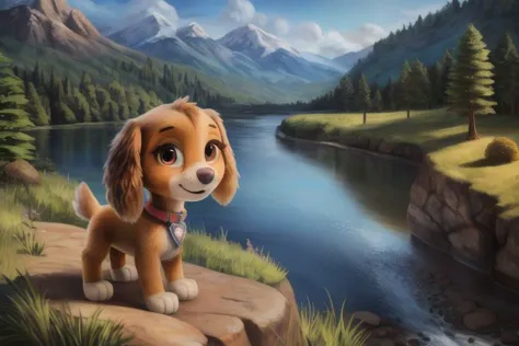 paw patrol, skye, cockapoo, female, feral, ((solo)), standing, by crumbles, (looking at viewer), focus on character, anatomically correct, focus on character, view of the forests mountains, river, grass, best landscape, detailed, detailed background, best quality, masterpiece, detailed eyes, detailed pupil,