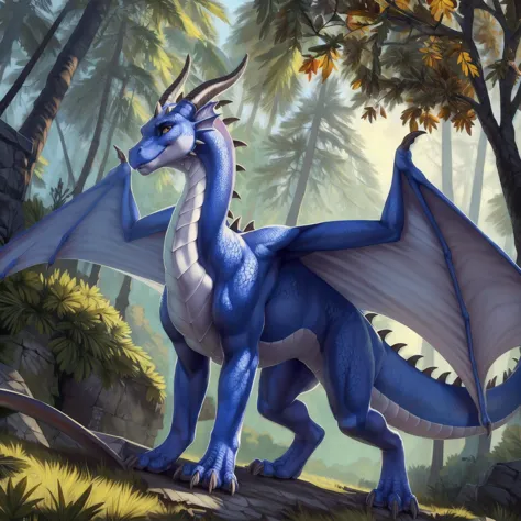 a close up of a blue dragon standing on a tree branch