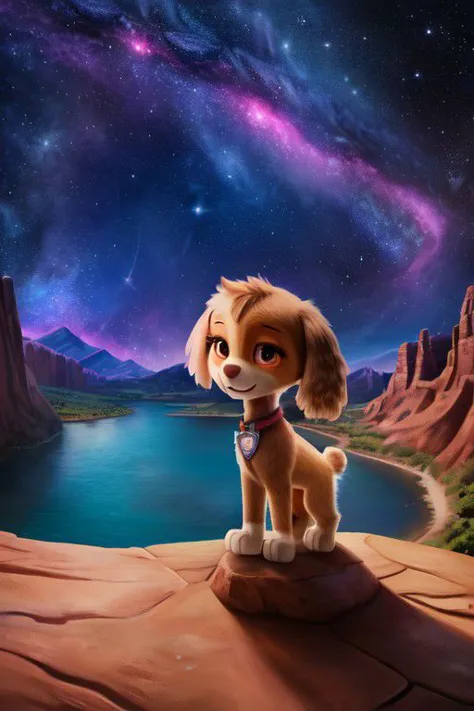 paw patrol, skye, cockapoo, female, feral, ((solo)), standing, by crumbles, (looking at viewer), ((focus on character)), nebula, stars, universe, ((cosmos)), anatomically correct, focus on character, view of the mountains, river, canyon, best landscape, detailed, detailed background, best quality, masterpiece, detailed eyes, detailed pupil,