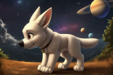 bolt, dog, male, feral, ((solo)), standing, high light, ((planets)), fire meteor, nebula, stars, universe, ((cosmos)), crystal, ((colored crystals)), (((focus on character))), burning sky, anatomically correct, detailed, detailed background, best quality, masterpiece, detailed eyes, detailed pupil, OverallDetail,