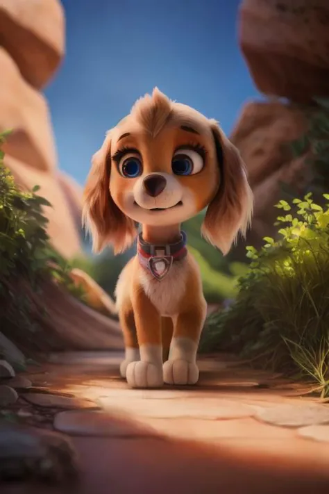 skye paw patrol, Cockapoo, female, feral, ((solo)), colar, by crumbles, realistic fur, anatomically correct, detailed, detailed background, best quality, masterpiece, detailed eyes, detailed pupil,