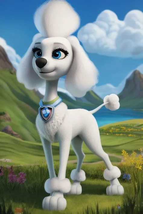 A cartoon dog standing in a field with a mountain in the background ...