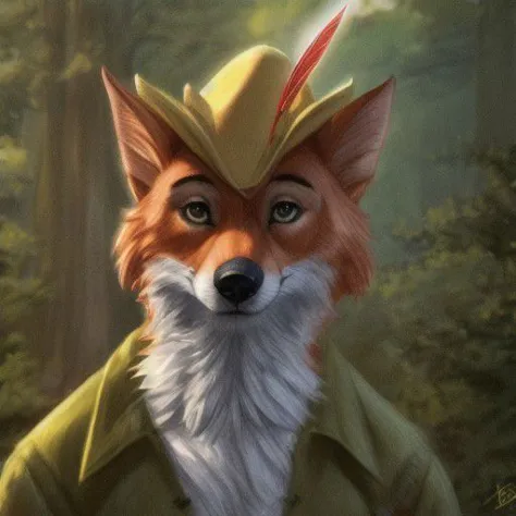 robin hood, male, solo, fox, forest, front view, clothed, headgear, feather, green topwear, jacket, BREAK, by bruteandbrawn, by personalami, by kenket, (intricate, high detail, film photography, soft focus, RAW candid cinema, photorealism, realistic, photorealistic, analog style, subsurface scattering, masterpiece, best quality, ultra realistic, 8k)