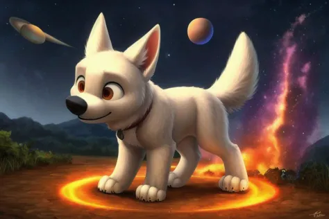 bolt, dog, male, feral, ((solo)), standing, high light, ((planets)), fire meteor, nebula, stars, universe, ((cosmos)), crystal, ...