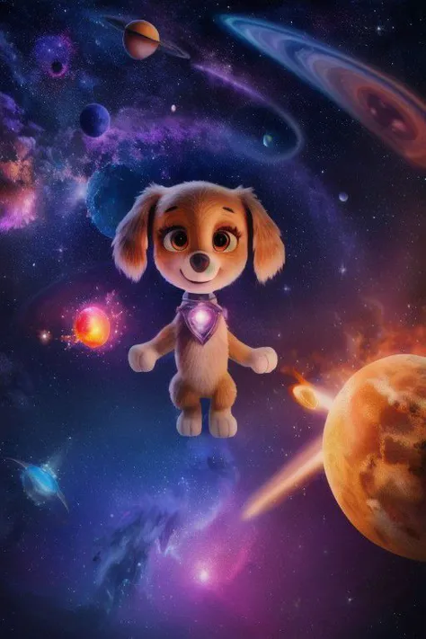 paw patrol, skye, cockapoo, female, feral, ((solo)), standing, by crumbles, high light, ((planets)), fire meteor, nebula, stars, universe, ((cosmos)), crystal, ((colored crystals)), (((focus on character))), burning sky, anatomically correct, detailed, detailed background, best quality, masterpiece, detailed eyes, detailed pupil,