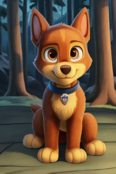 paw patrol, chase, brown eyes, male, feral, ((solo)), sitting, looking at viewer, collar, focus on character, anatomically correct, view of the forests mountains, best landscape, detailed, detailed background, best quality, masterpiece, detailed eyes, detailed pupil,