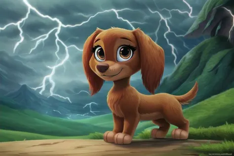 paw patrol, liberty, dachshund, short legs, female, feral, ((solo)), standing, looking at viewer, focus on character, anatomically correct, view of the forests mountains rain and ((thunder)), best landscape, detailed, detailed background, best quality, masterpiece, detailed eyes, detailed pupil,