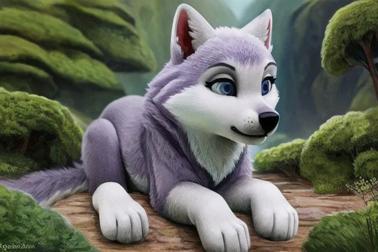 a close up of a cartoon wolf laying on a rock in a forest