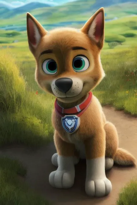 a cartoon dog sitting on a path in a field