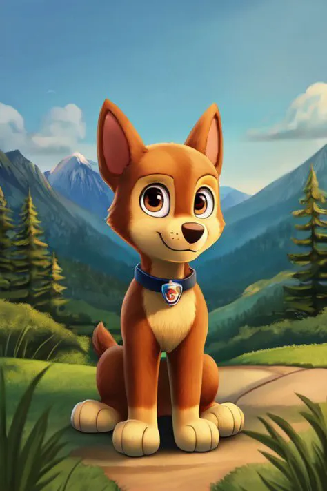 paw patrol, chase, brown eyes, male, feral, ((solo)), sitting, looking at viewer, collar, focus on character, anatomically correct, view of the forests mountains, best landscape, detailed, detailed background, best quality, masterpiece, detailed eyes, detailed pupil,