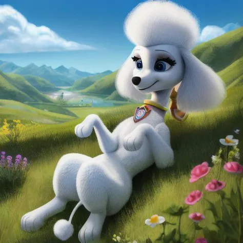 paw patrol, delores, female, white fur, ((feral)), dog, poodle, ((solo)), realistic fur, detailed fur, anatomically correct, black nose, body correct, correct anatomy, detailed face, detailed background, best quality, masterpiece, eyes, detailed eyes, poodle tail, blue eyes, full body, grassland, lying, on back, OverallDetail,